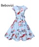 Cocktailkleid mit Blau bedruckten Blumen Rockabilly Swing Elegante Konzert Party Tunika Kleider Retro